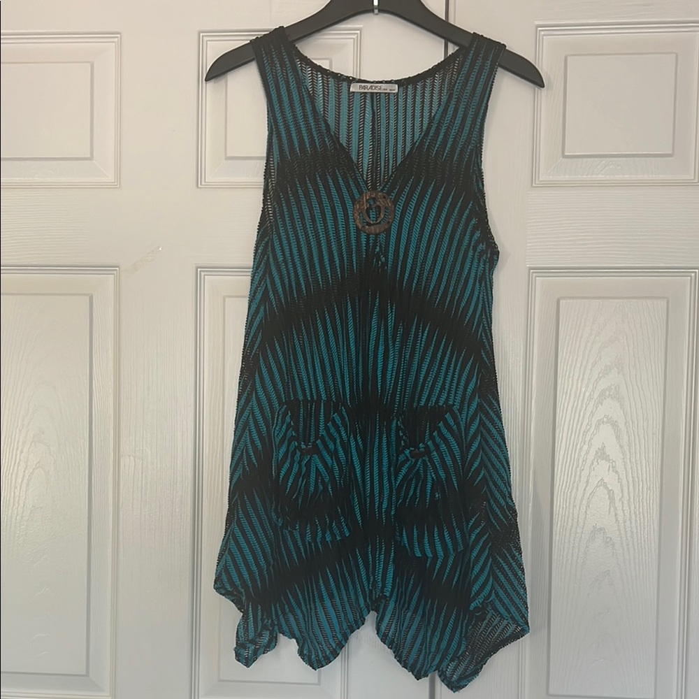 Elegant Black and Blue V-Neck Swim Coverup with 2 front pockets asymmetrical hem